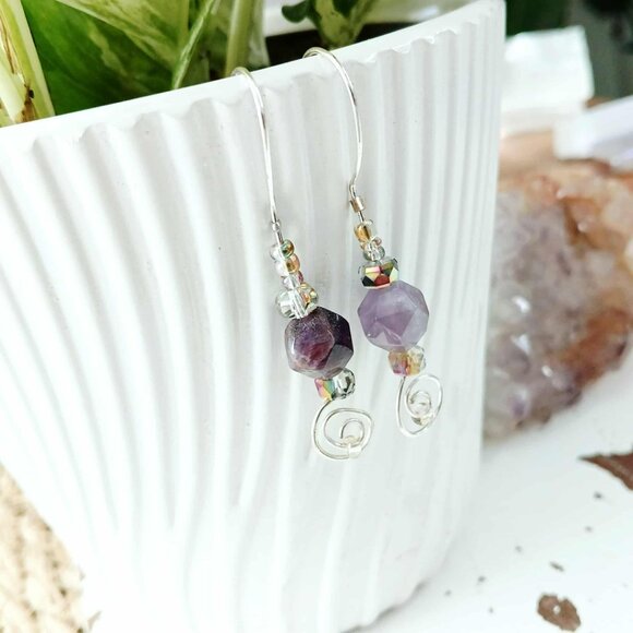 Boho Style Amethyst Dangle Drop Earrings, Crystal Gemstone Beaded Statement - Picture 6 of 10